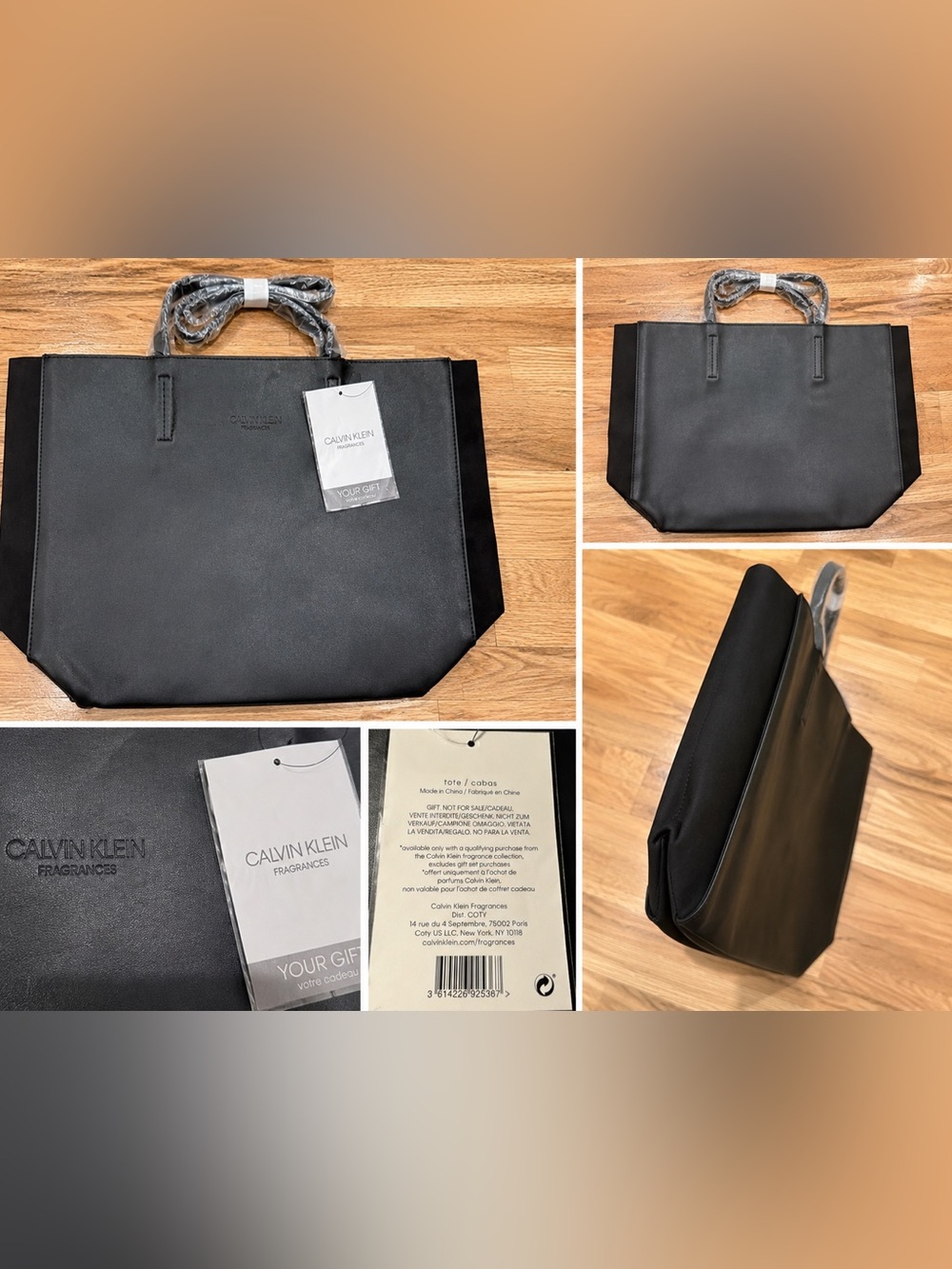 Calvin Klein Fragrances Black Faux Leather With Suede Side Panel Tote Bag